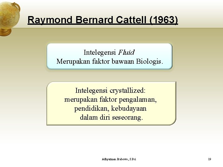 Raymond Bernard Cattell (1963) Intelegensi Fluid Merupakan faktor bawaan Biologis. Intelegensi crystallized: merupakan faktor