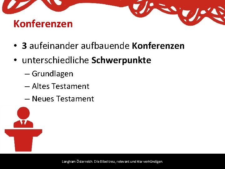 Konferenzen • 3 aufeinander aufbauende Konferenzen • unterschiedliche Schwerpunkte – Grundlagen – Altes Testament