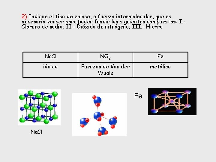 2) Indique el tipo de enlace, o fuerza intermolecular, que es necesario vencer para