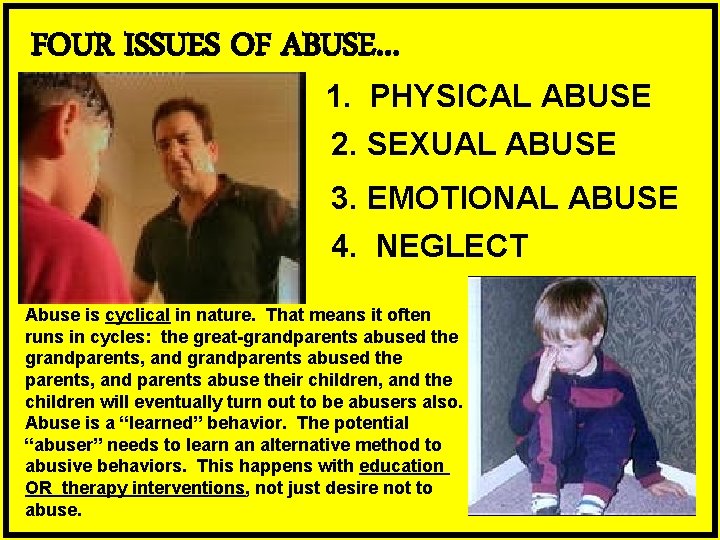 FOUR ISSUES OF ABUSE… 1. PHYSICAL ABUSE 2. SEXUAL ABUSE 3. EMOTIONAL ABUSE 4.