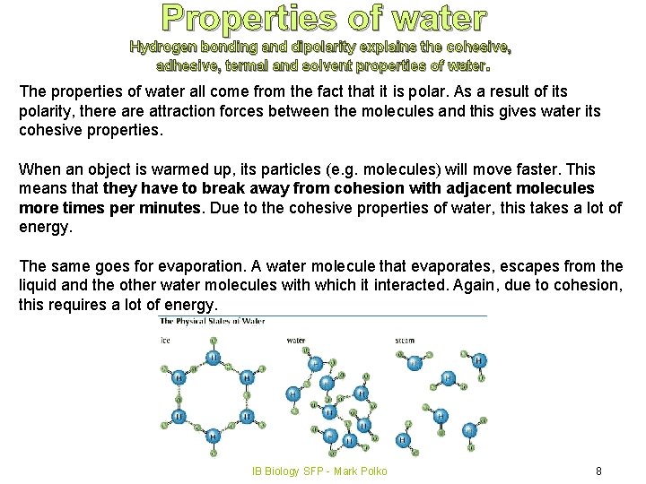 Properties of water Hydrogen bonding and dipolarity explains the cohesive, adhesive, termal and solvent