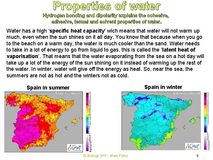 Properties of water Hydrogen bonding and dipolarity explains the cohesive, adhesive, termal and solvent