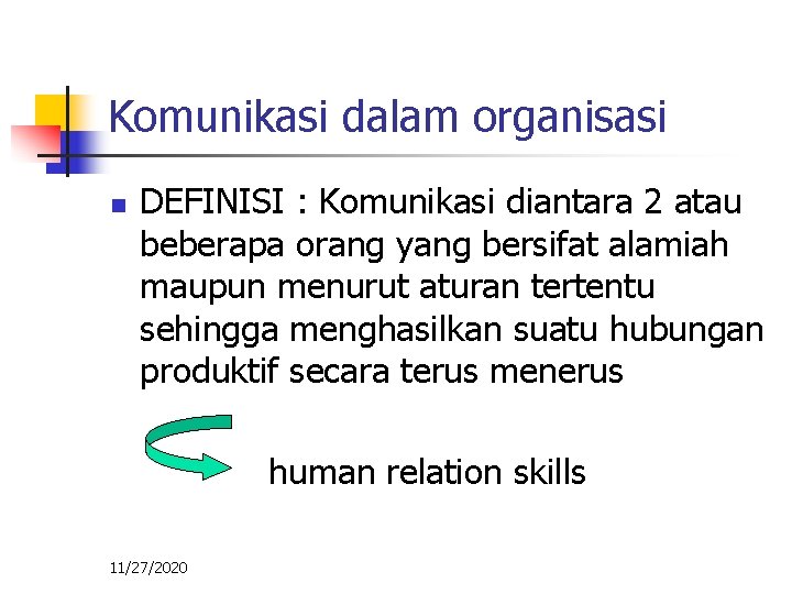 Komunikasi dalam organisasi n DEFINISI : Komunikasi diantara 2 atau beberapa orang yang bersifat