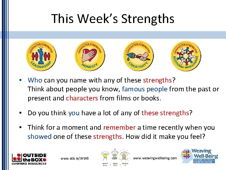 This Week’s Strengths • Who can you name with any of these strengths? Think