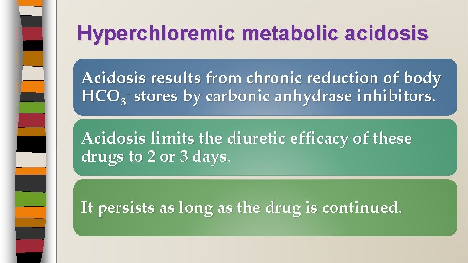 Hyperchloremic metabolic acidosis Acidosis results from chronic reduction of body HCO 3 - stores