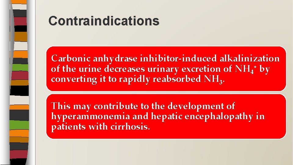 Contraindications Carbonic anhydrase inhibitor-induced alkalinization of the urine decreases urinary excretion of NH 4+