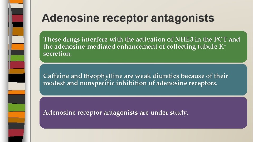 Adenosine receptor antagonists These drugs interfere with the activation of NHE 3 in the