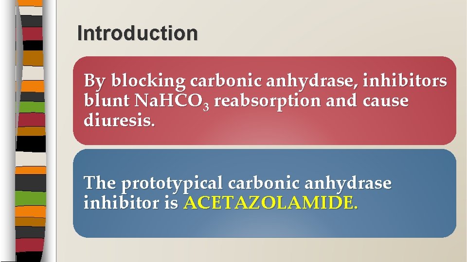 Introduction By blocking carbonic anhydrase, inhibitors blunt Na. HCO 3 reabsorption and cause diuresis.