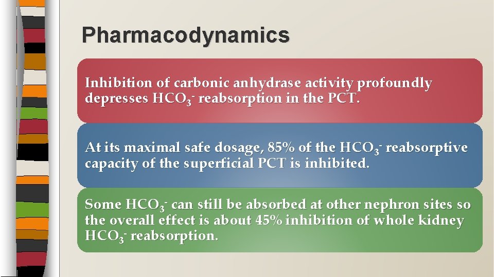 Pharmacodynamics Inhibition of carbonic anhydrase activity profoundly depresses HCO 3 - reabsorption in the