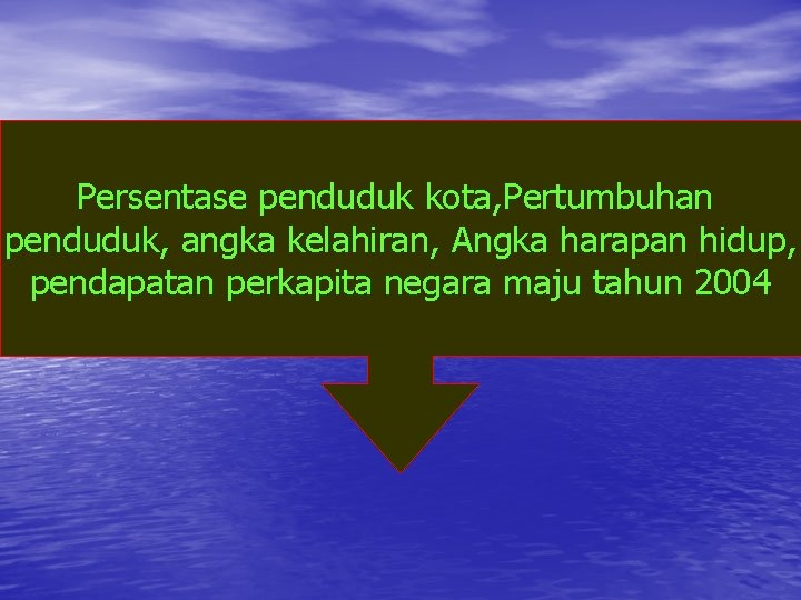 Persentase penduduk kota, Pertumbuhan penduduk, angka kelahiran, Angka harapan hidup, pendapatan perkapita negara maju Persentase penduduk kota, Pertumbuhan penduduk, angka kelahiran, Angka harapan hidup, pendapatan perkapita negara maju