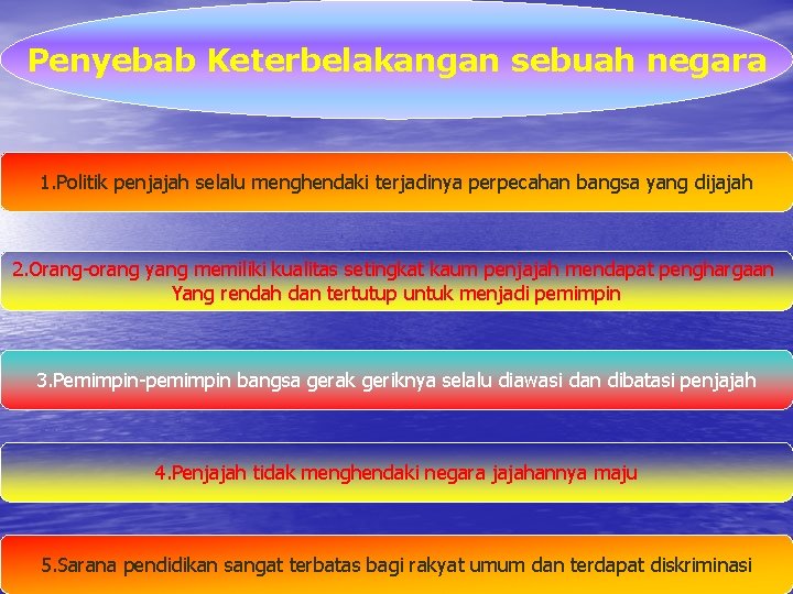 Penyebab Keterbelakangan sebuah negara 1. Politik penjajah selalu menghendaki terjadinya perpecahan bangsa yang dijajah