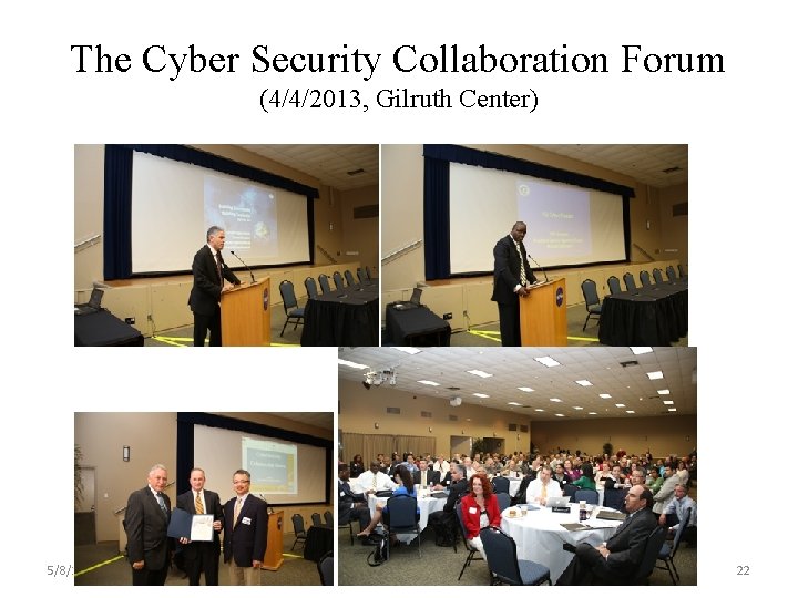 The Cyber Security Collaboration Forum (4/4/2013, Gilruth Center) 5/8/2013 UHCL-CSI 22 