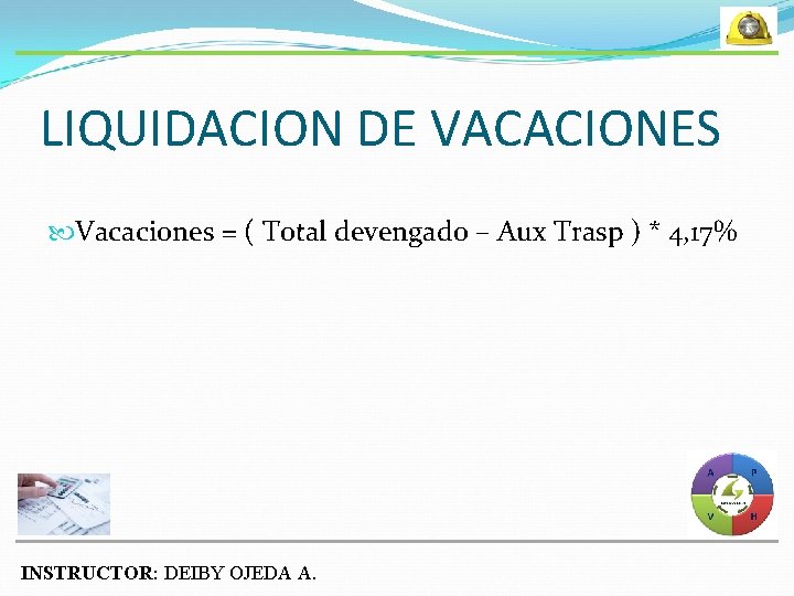 LIQUIDACION DE VACACIONES Vacaciones = ( Total devengado – Aux Trasp ) * 4,