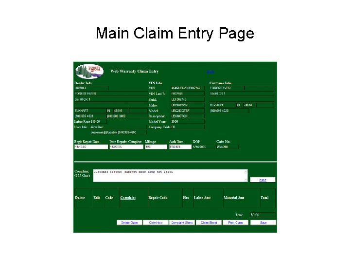 Main Claim Entry Page 