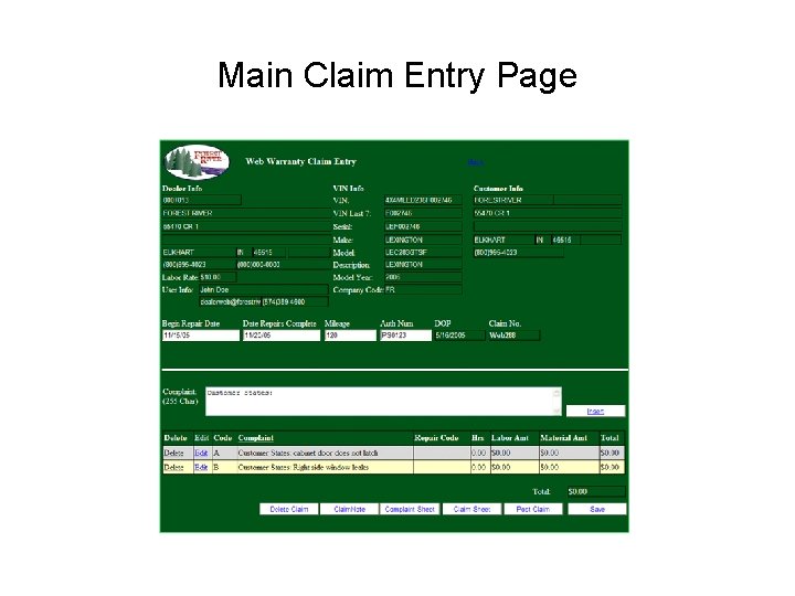 Main Claim Entry Page 