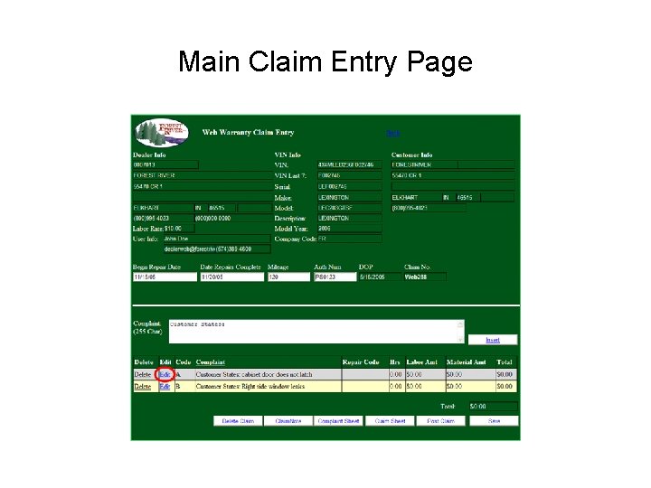 Main Claim Entry Page 