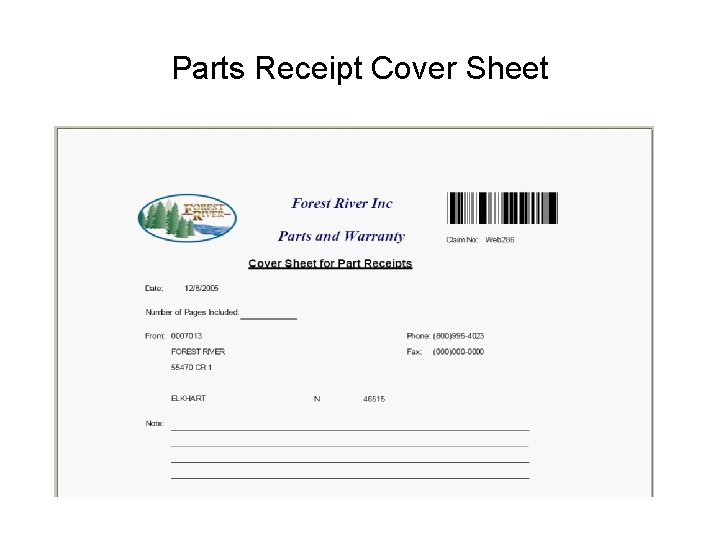 Parts Receipt Cover Sheet 