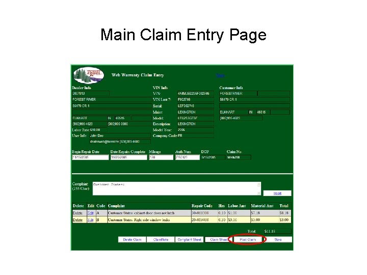 Main Claim Entry Page 