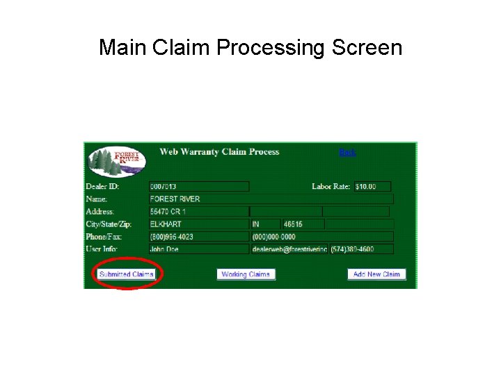 Main Claim Processing Screen 