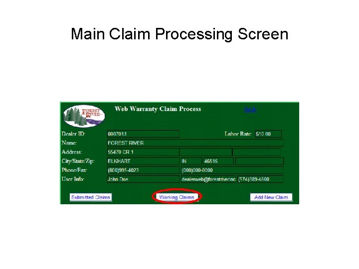 Main Claim Processing Screen 