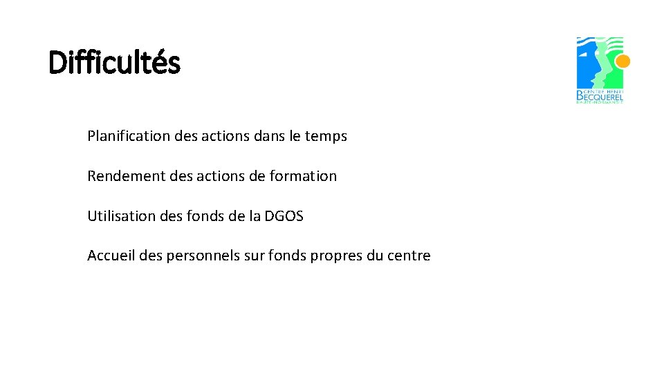 Difficultés Planification des actions dans le temps Rendement des actions de formation Utilisation des
