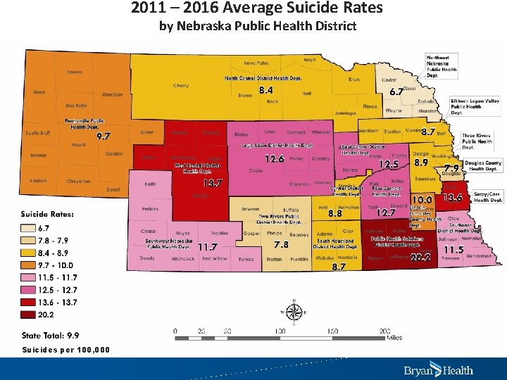 2011 – 2016 Average Suicide Rates by Nebraska Public Health District Suicides per 100,