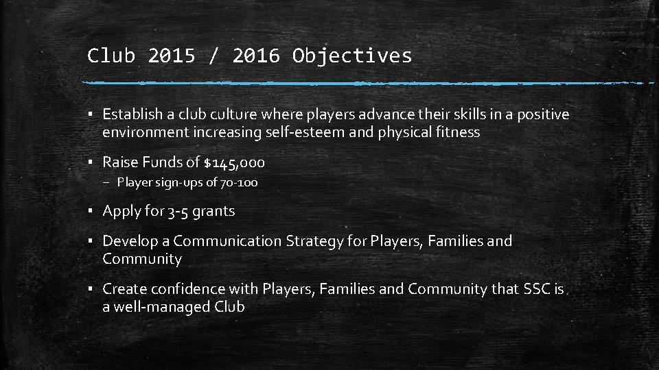 Club 2015 / 2016 Objectives ▪ Establish a club culture where players advance their