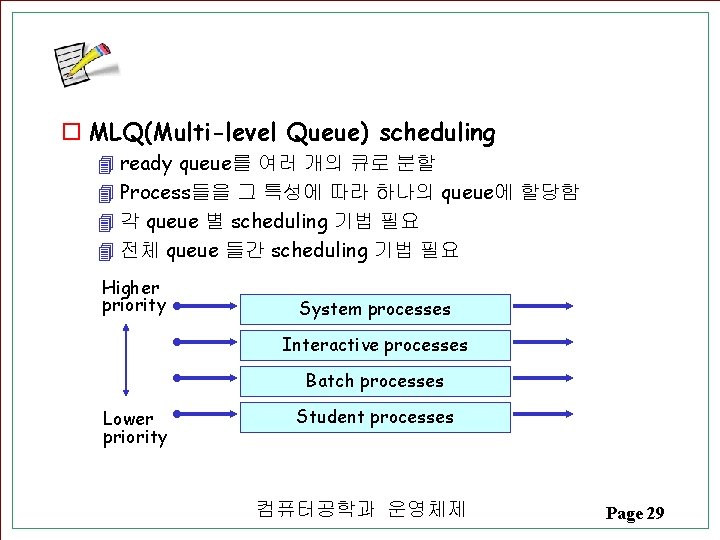 o MLQ(Multi-level Queue) scheduling 4 ready queue를 여러 개의 큐로 분할 4 Process들을 그