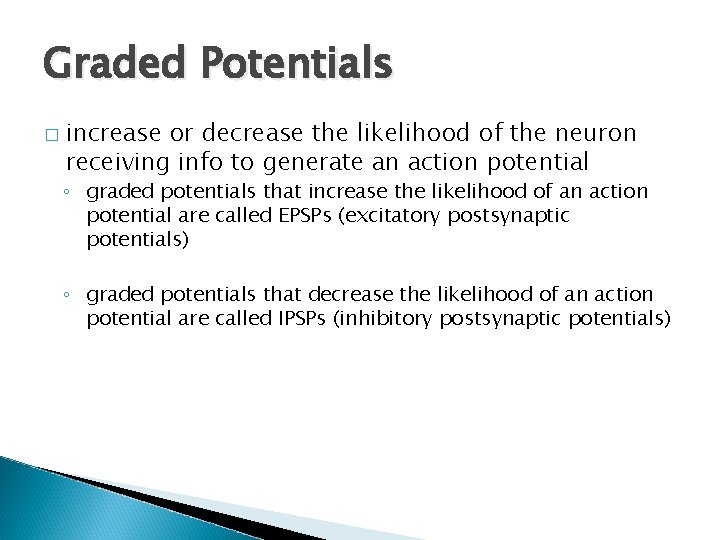 Graded Potentials � increase or decrease the likelihood of the neuron receiving info to