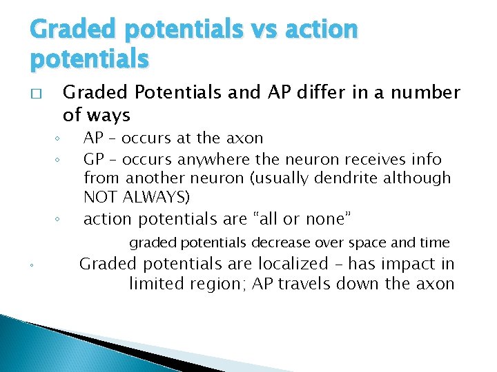 Graded potentials vs action potentials � ◦ ◦ ◦ Graded Potentials and AP differ