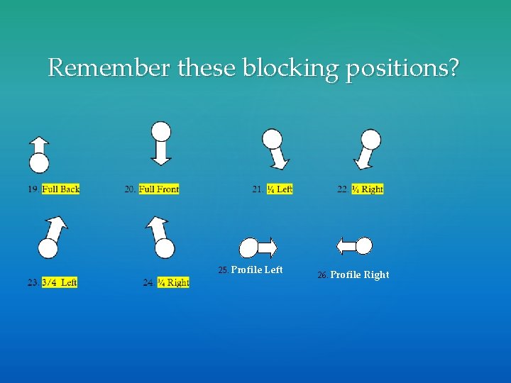 Remember these blocking positions? 25. Profile Left 26. Profile Right 