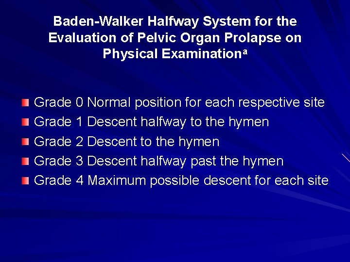 Baden-Walker Halfway System for the Evaluation of Pelvic Organ Prolapse on Physical Examinationa Grade