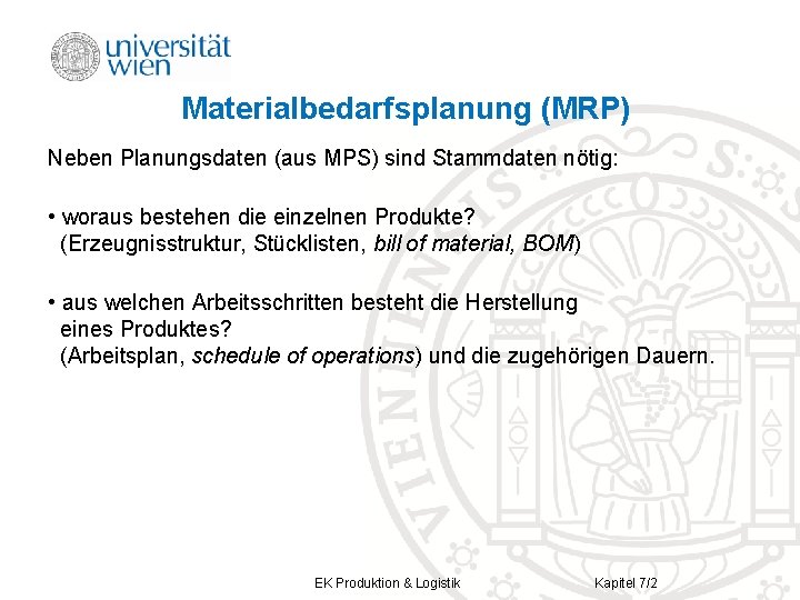 Materialbedarfsplanung (MRP) Neben Planungsdaten (aus MPS) sind Stammdaten nötig: • woraus bestehen die einzelnen