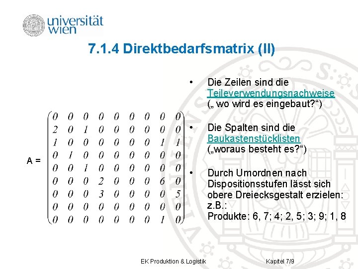 7. 1. 4 Direktbedarfsmatrix (II) • Die Zeilen sind die Teileverwendungsnachweise („ wo wird