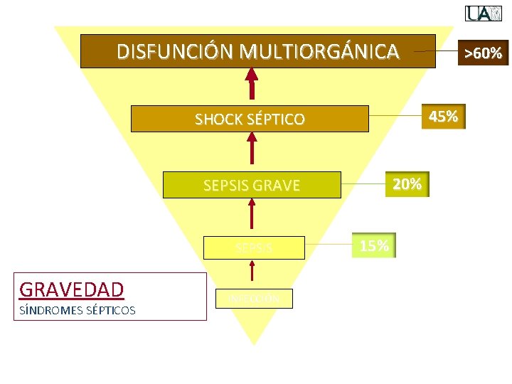 DISFUNCIÓN MULTIORGÁNICA 45% SHOCK SÉPTICO 20% SEPSIS GRAVEDAD SÍNDROMES SÉPTICOS INFECCIÓN >60% 15% 