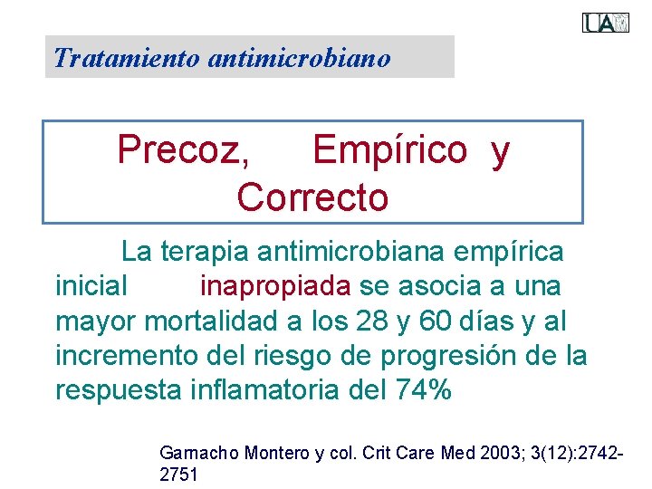 Tratamiento antimicrobiano Precoz, Empírico y Correcto La terapia antimicrobiana empírica inicial inapropiada se asocia