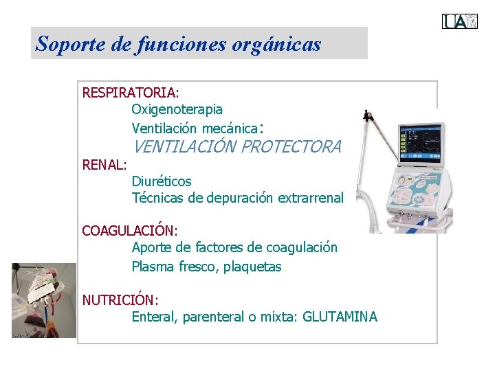 Soporte de funciones orgánicas RESPIRATORIA: Oxigenoterapia Ventilación mecánica: RENAL: VENTILACIÓN PROTECTORA Diuréticos Técnicas de