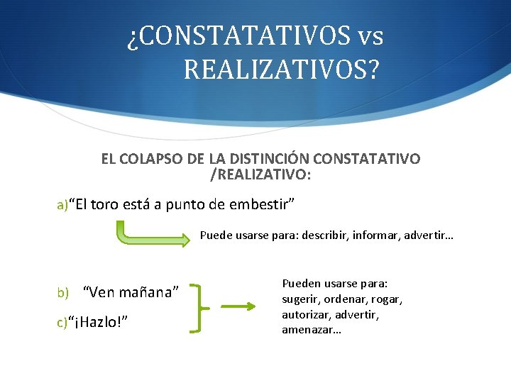 ¿CONSTATATIVOS vs REALIZATIVOS? EL COLAPSO DE LA DISTINCIÓN CONSTATATIVO /REALIZATIVO: a)“El toro está a