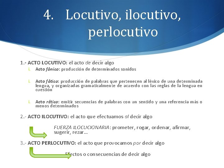 4. Locutivo, ilocutivo, perlocutivo 1. - ACTO LOCUTIVO: el acto de decir algo i.