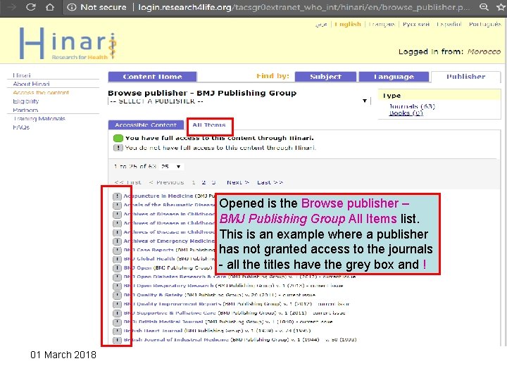 Opened is the Browse publisher – BMJ Publishing Group All Items list. This is