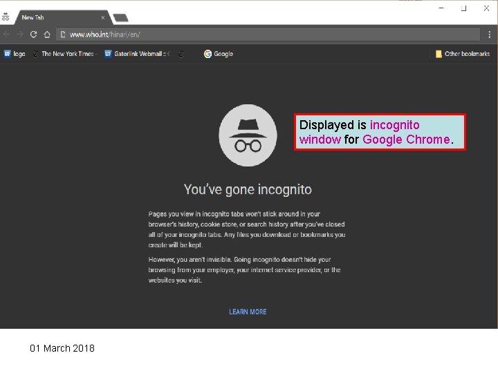 Displayed is incognito window for Google Chrome. 01 March 2018 