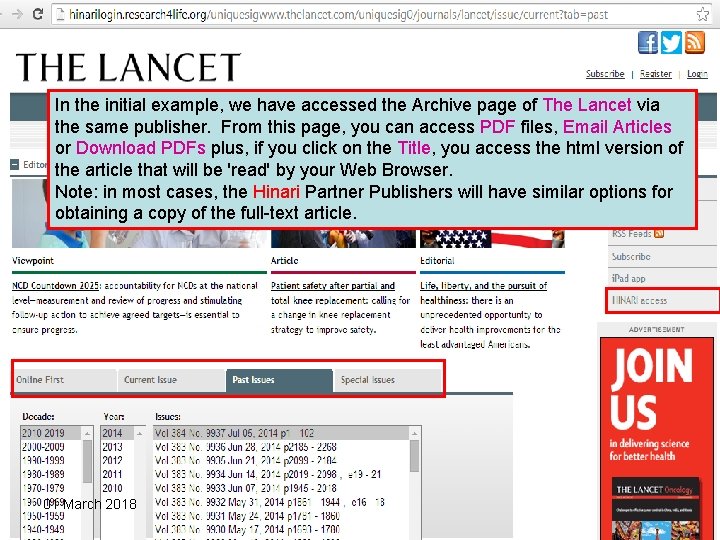 In the initial example, we have accessed the Archive page of The Lancet via In the initial example, we have accessed the Archive page of The Lancet via