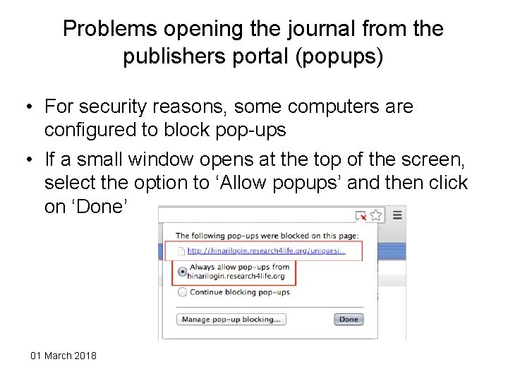 Problems opening the journal from the publishers portal (popups) • For security reasons, some Problems opening the journal from the publishers portal (popups) • For security reasons, some