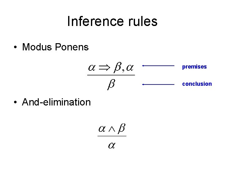 Inference rules • Modus Ponens premises conclusion • And-elimination Inference rules • Modus Ponens premises conclusion • And-elimination