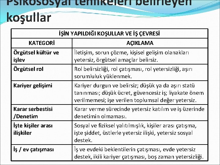 Psikososyal tehlikeleri belirleyen koşullar İŞİN YAPILDIĞI KOŞULLAR VE İŞ ÇEVRESİ KATEGORİ Örgütsel kültür ve