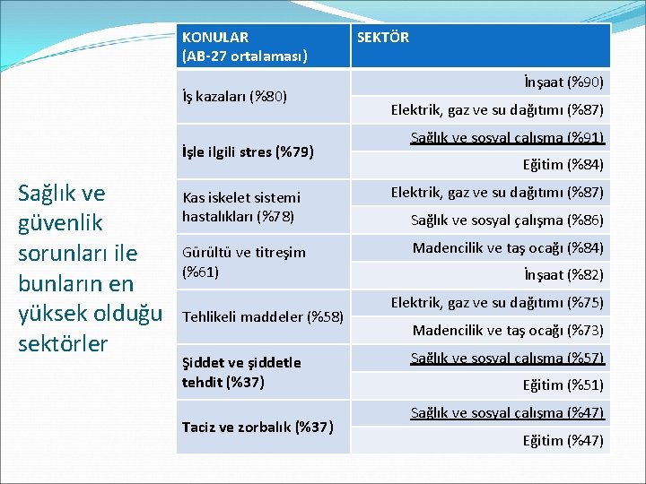 KONULAR (AB-27 ortalaması) İş kazaları (%80) İşle ilgili stres (%79) Sağlık ve güvenlik sorunları