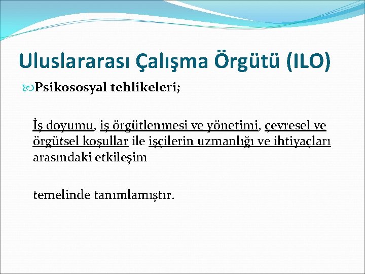 Uluslararası Çalışma Örgütü (ILO) Psikososyal tehlikeleri; İş doyumu, iş örgütlenmesi ve yönetimi, çevresel ve