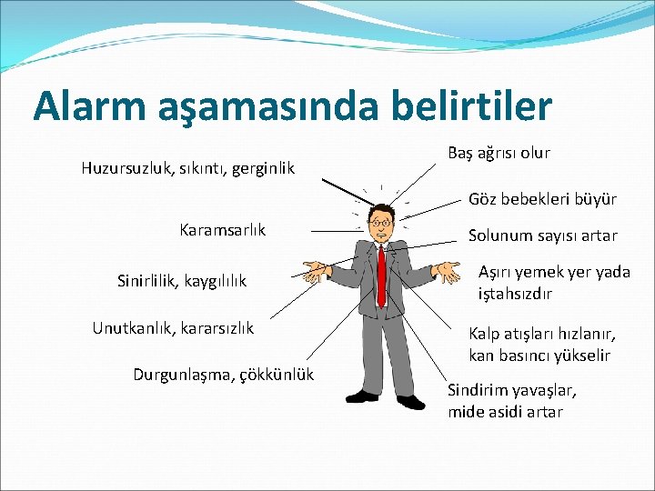 Alarm aşamasında belirtiler Huzursuzluk, sıkıntı, gerginlik Baş ağrısı olur Göz bebekleri büyür Karamsarlık Sinirlilik,