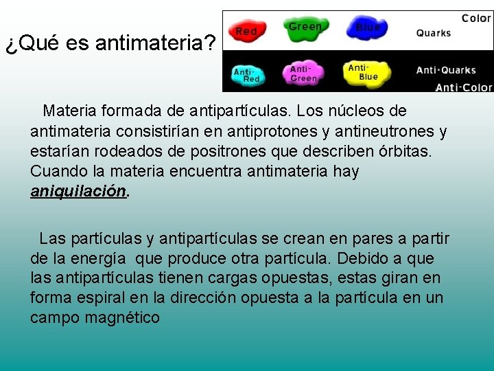 ¿Qué es antimateria? Materia formada de antipartículas. Los núcleos de antimateria consistirían en antiprotones