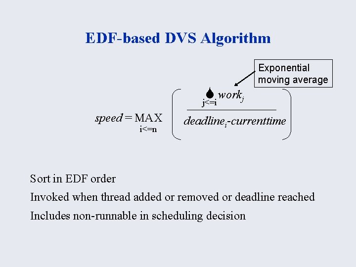 EDF-based DVS Algorithm S workj j<=i speed = MAX i<=n Exponential moving average deadlinei-currenttime